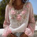 Vintage Classy Pink Flowers Beaded Gradient Linen Tunic elevenforest