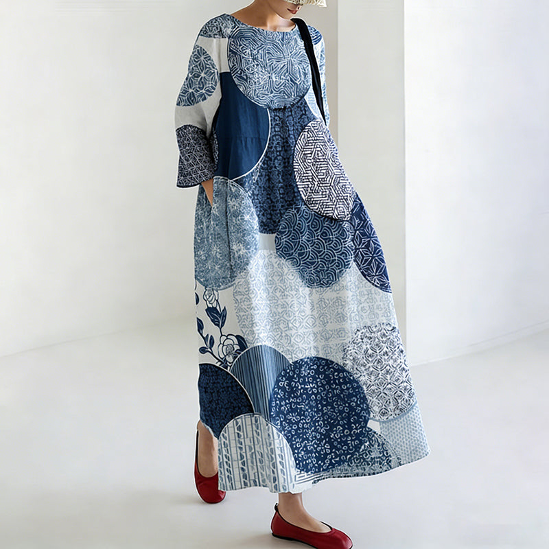 Comstylish Women's Japanese-style Linen Dress With Geometric And Floral Patterns