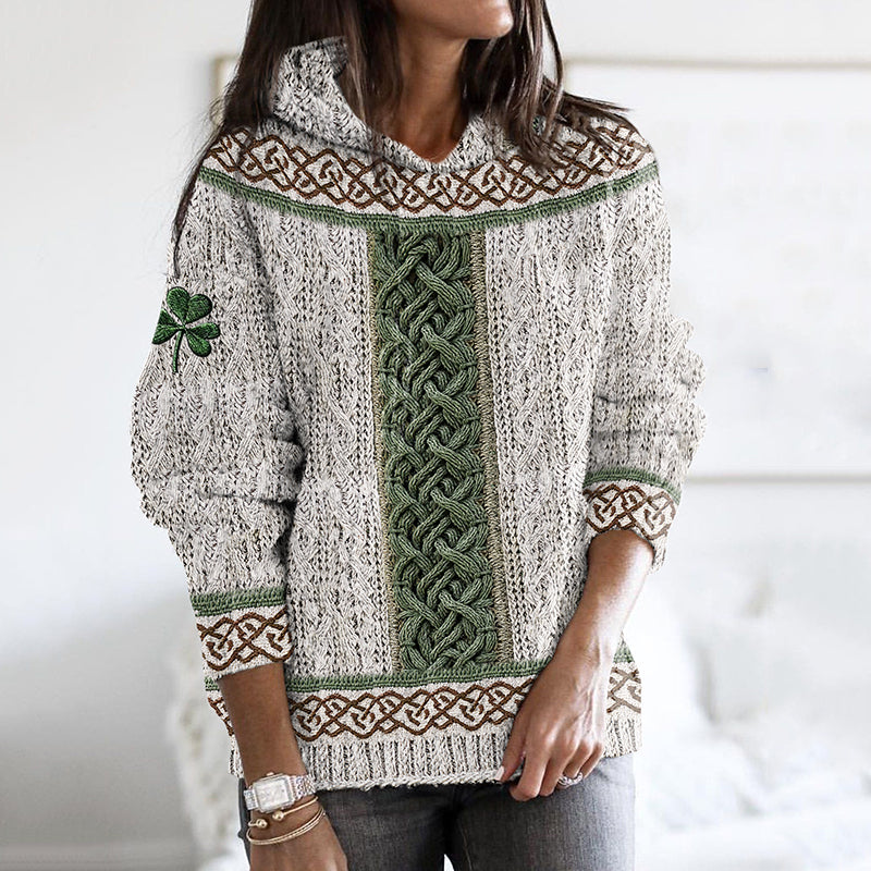 Women's Irish Celtic Knotted Shamrock Contrast Jacquard Sweater elevenforest