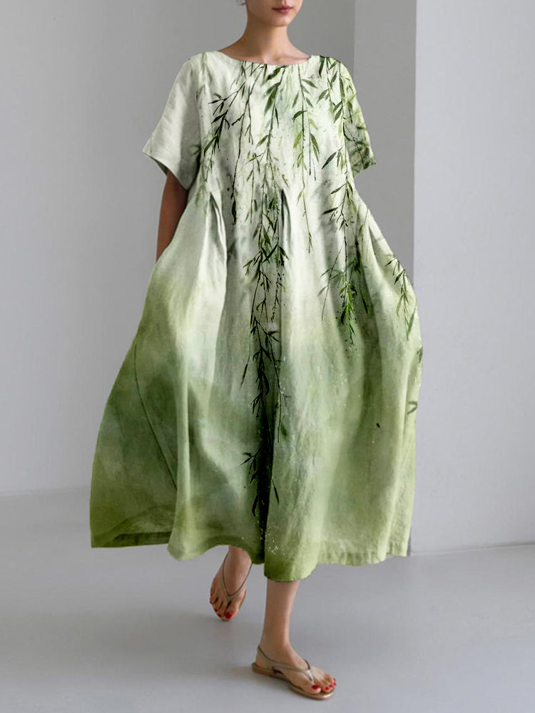 Bamboo Art Pattern Linen Blend Comfy Maxi Dress elevenforest