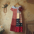Women's Vintage Floral Plaid Patchwork Short Sleeve Dress elevenforest