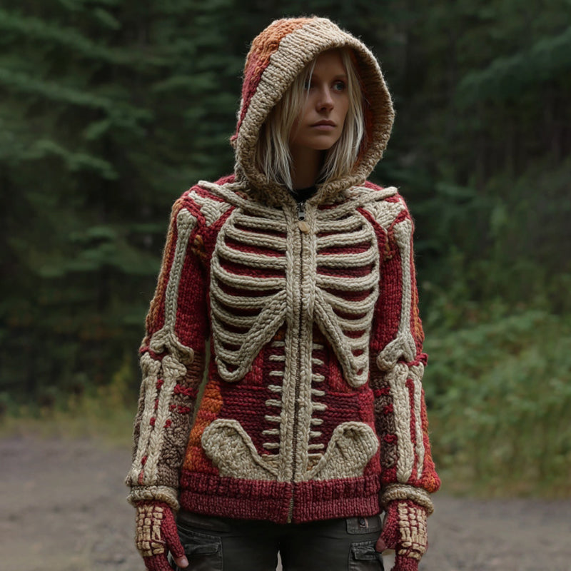 Women's Vintage Halloween Skeleton Art Knit Warm Zip Up Hooded Sweater artswardrobe