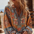 Bohemian Style Embroidered Flower Long-sleeved V-neck Bright Yellow Distressed Long-sleeved Top elevenforest