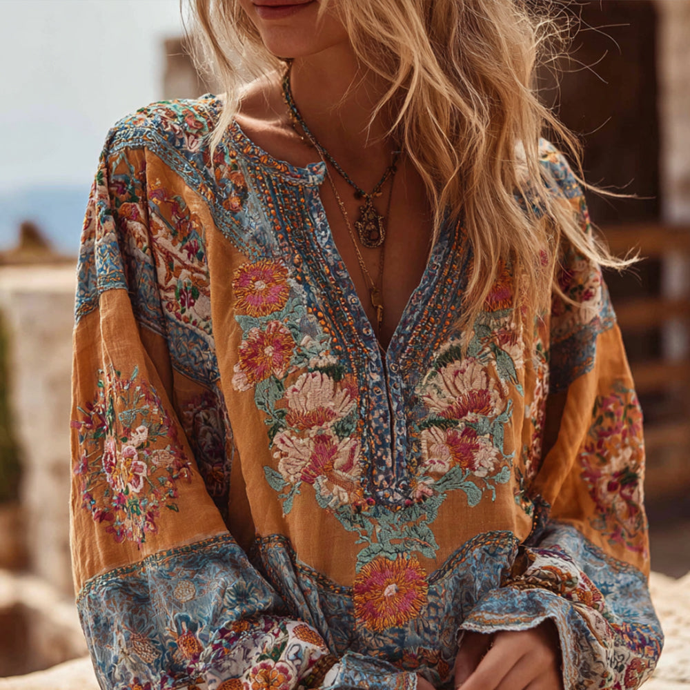 Bohemian Style Embroidered Flower Long-sleeved V-neck Bright Yellow Distressed Long-sleeved Top elevenforest