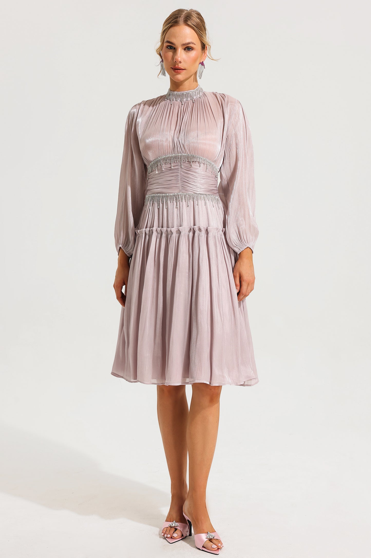 Rhinestone Ruched Long Sleeve Ruffle Midi Dress