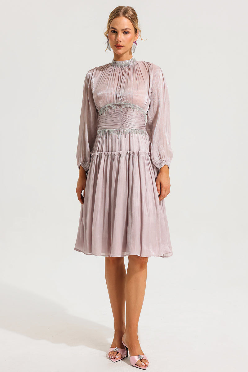 Rhinestone Ruched Long Sleeve Ruffle Midi Dress