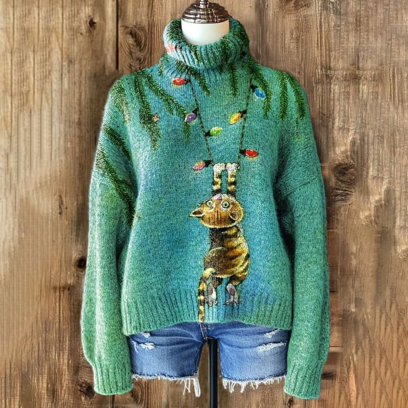 Comstylish Vintage Christmas Cat Knit Turtleneck Sweater
