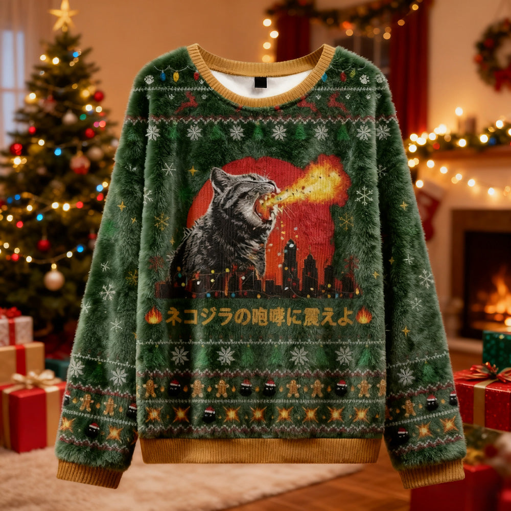 Comstylish Tremble Before The Roar Of Catzilla Christmas Ugly Sweater