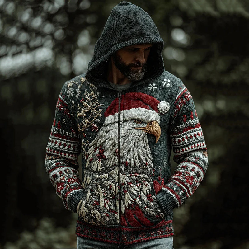 Comstylish Men's Viking Christmas Eagle Pattern Cozy Knit Zip Up Hooded Sweater