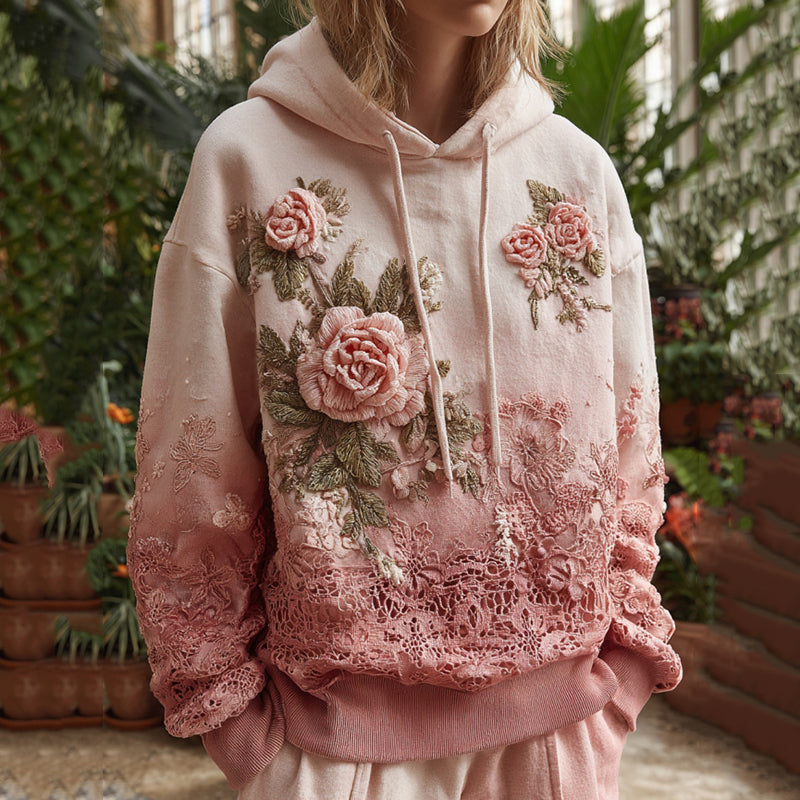 Vintage Floral Embroidery Gradient Art Linen Long Sleeve Hoodie elevenforest