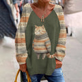 Comstylish Women's Fat Cat In Cute Sweater Print Long Sleeve T-Shirt