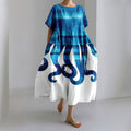Japanese Gradient Ocean Octopus Art Linen Blend Casual Dress