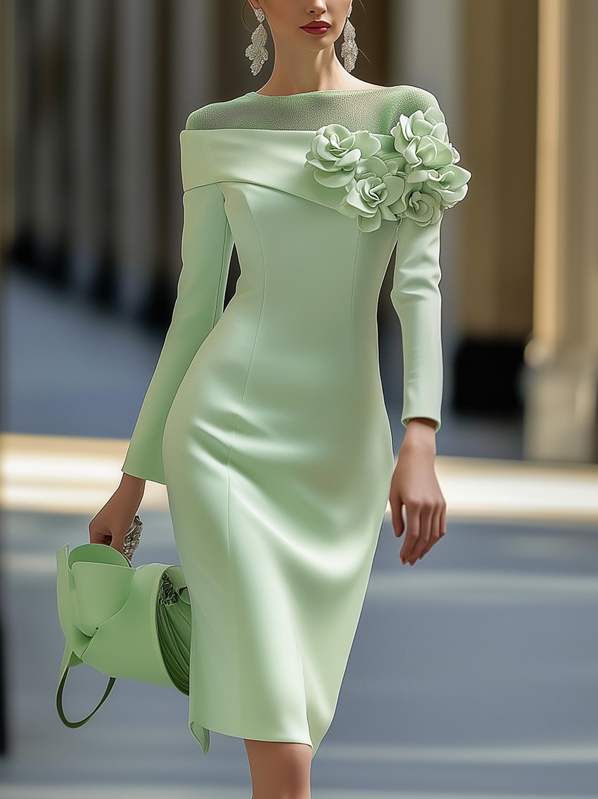 Shipping Light Green Midi Pencil Dress With Mesh And 3D Flower Decoration