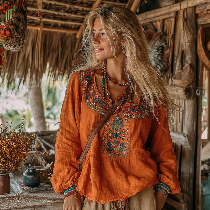 Women's Vintage Vacation Boho Tribal Ethnic Print Round-neck Linen Blend Tops elevenforest