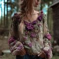 Bohemian Style Round Neck Long Sleeve 3d Purple Flower Design Women's Sweater elevenforest