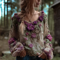 Bohemian Style Round Neck Long Sleeve 3d Purple Flower Design Women's Sweater elevenforest