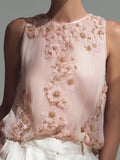 Women's Vintage Pink Floral Embroidery Art Print Crew Neck Tank Top elevenforest