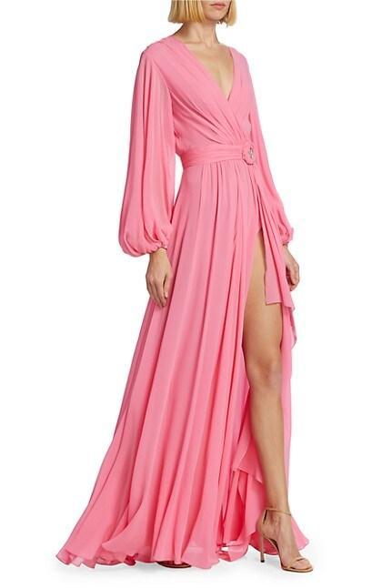 Lantern Sleeve V-neck Tapered Waist Slit Maxi Dress Pink