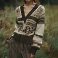Vintage V-neck Knitted Two-tone Jacquard Irish Aran Sweater elevenforest