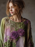 Vintage Purple Roses Forest Patchwork Flowy Linen Tunic elevenforest