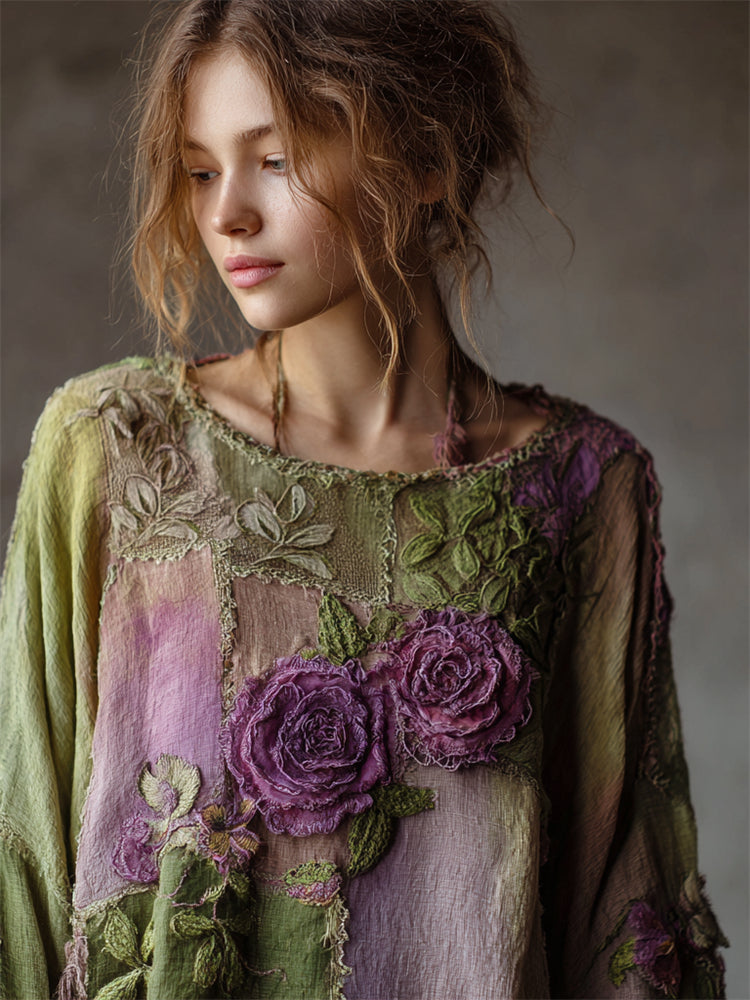 Vintage Purple Roses Forest Patchwork Flowy Linen Tunic elevenforest