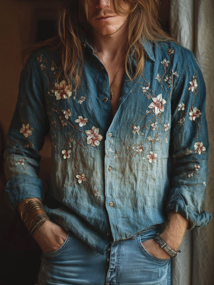Japanese Style Dahlia Gradient Pattern Men's Linen Long-sleeved Shirt elevenforest