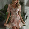 Women's Vintage Pink Rose Art Pattern Short Sleeve Mini Dress elevenforest