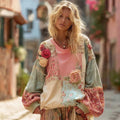 Women's Vintage Rose Floral Patchwork Crew Neck Casual Sweatshirt elevenforest