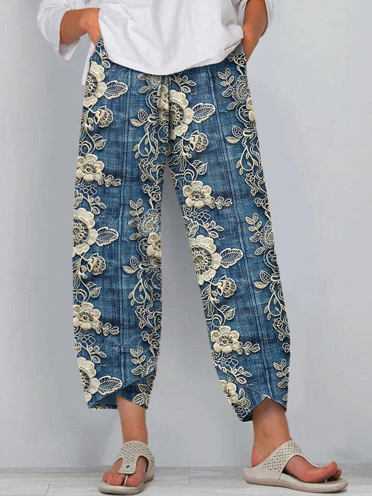 Comstylish Women's Boho Lace Floral Embroidered Linen Blend Pants
