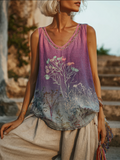 Purple Gradient Plant Floral Print Women's Slip-on Top elevenforest