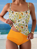 Women's Floral Art Print Summer Beach Halter Top And Solid Color Triangle Briefs Tankini Set
