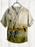 Vintage Japanese Bamboo Print Cozy Cotton Linen Shirt elevenforest