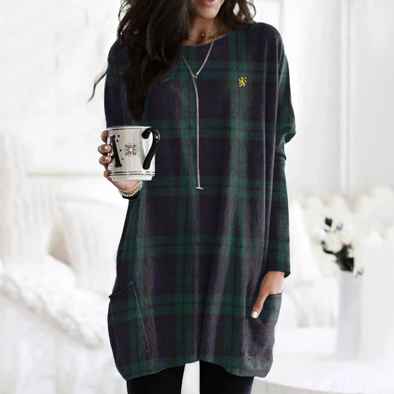 Comstylish Vintage Scotland Lion Embroidered Plaid Pocket Casual Tunic