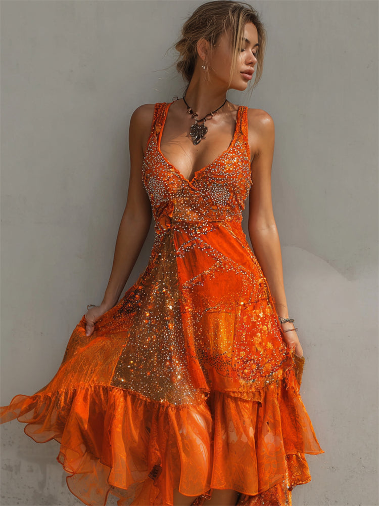 Orange Glitter Sequins Patchwork Flowy Wide Skirted Dress elevenforest