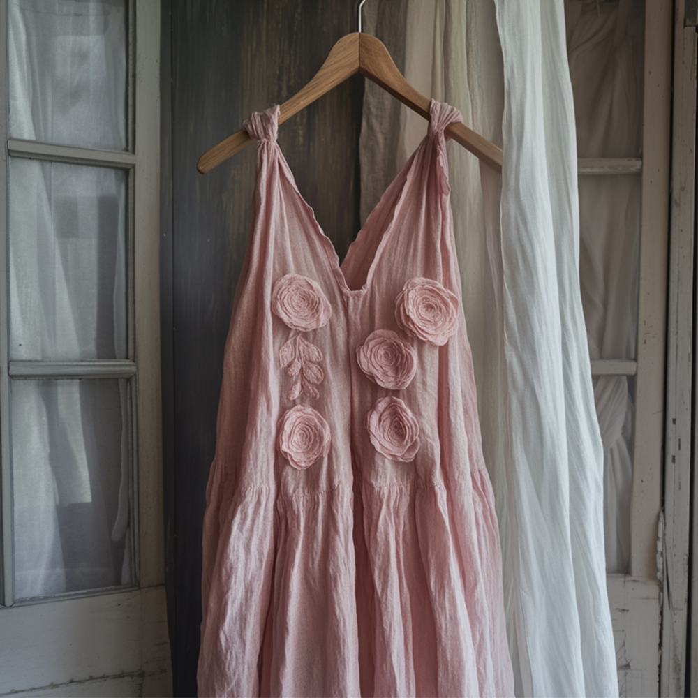 Vintage Elegant Fashion Rose Pattern Linen Vest Dress elevenforest