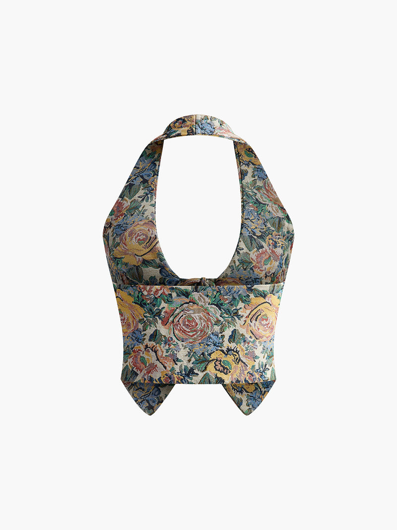 Printed Halter Tie Front Vest