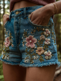 Women's Bohemian Style Three-dimensional Pink Flower Design Denim Shorts elevenforest