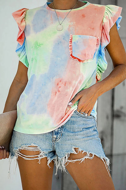 Print Flounce O Neck T-shirts
