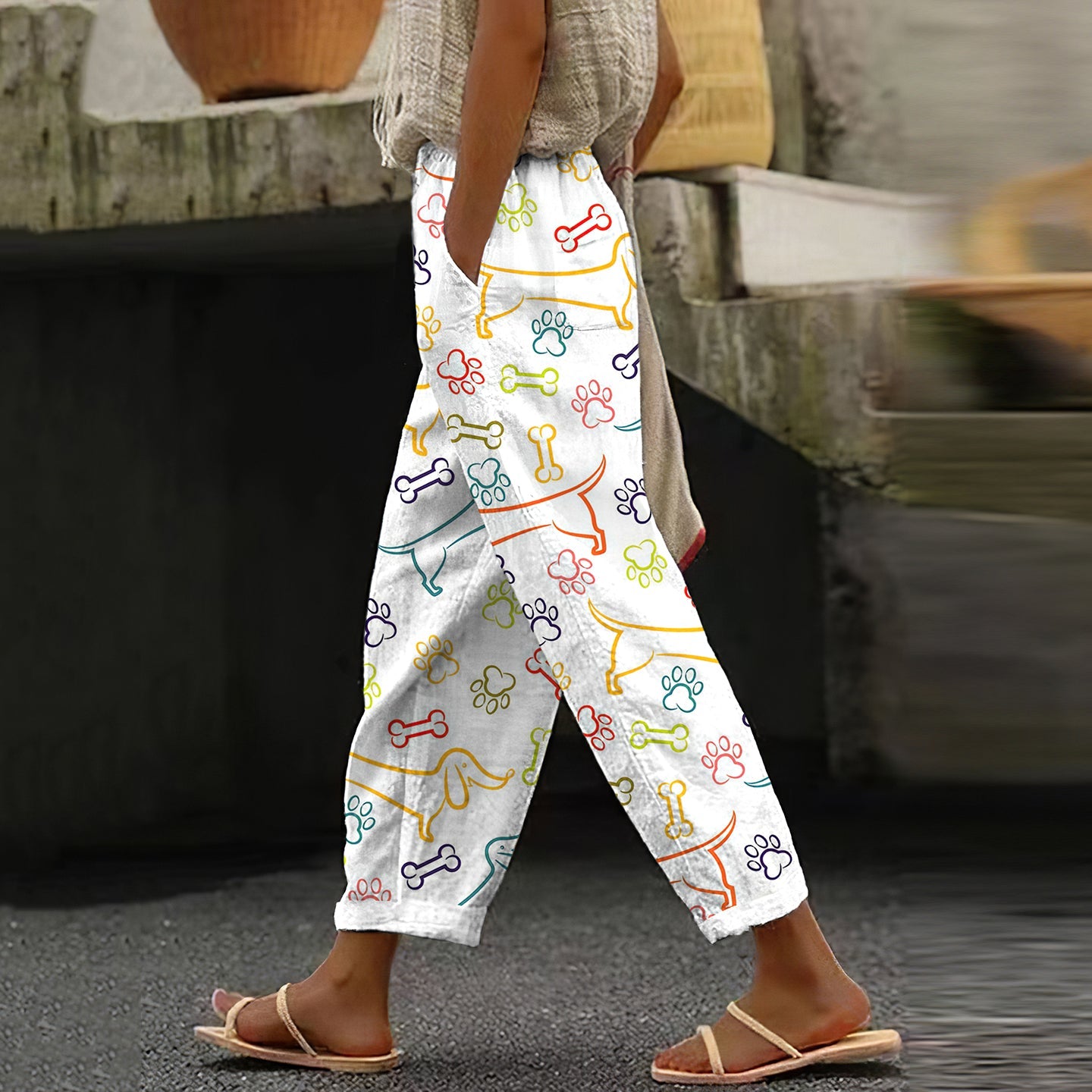 Women's Vintage Graffiti Dachshund Casual Pocket Pants elevenforest