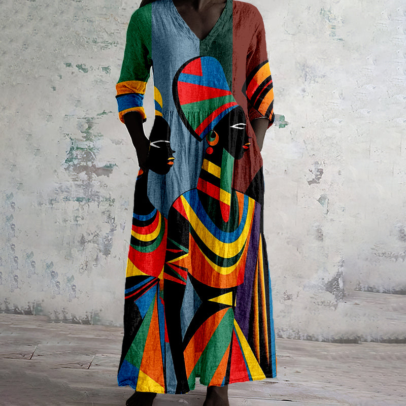 Comstylish African Women Art Pattern Linen Maxi Dress