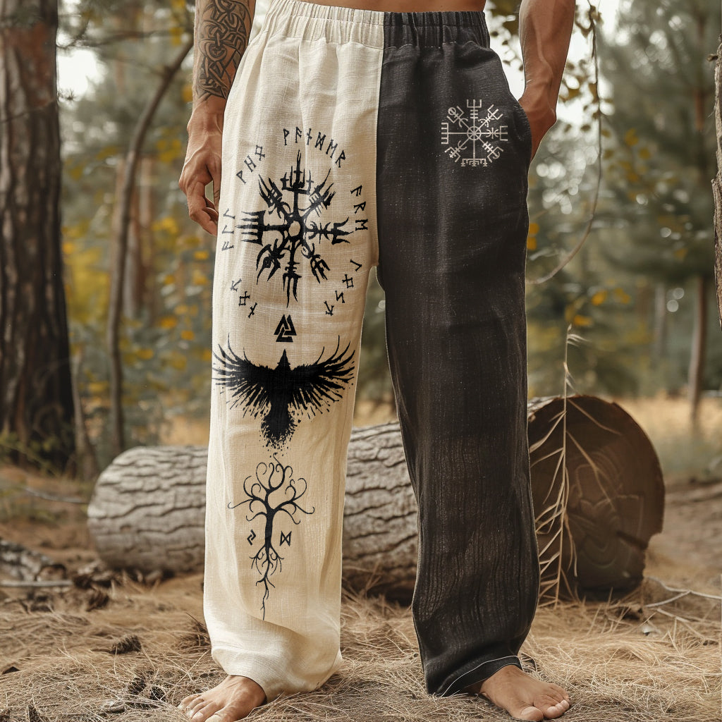 Vintage Viking Art Linen Contrasting Colors Loose Wide-leg Pants elevenforest