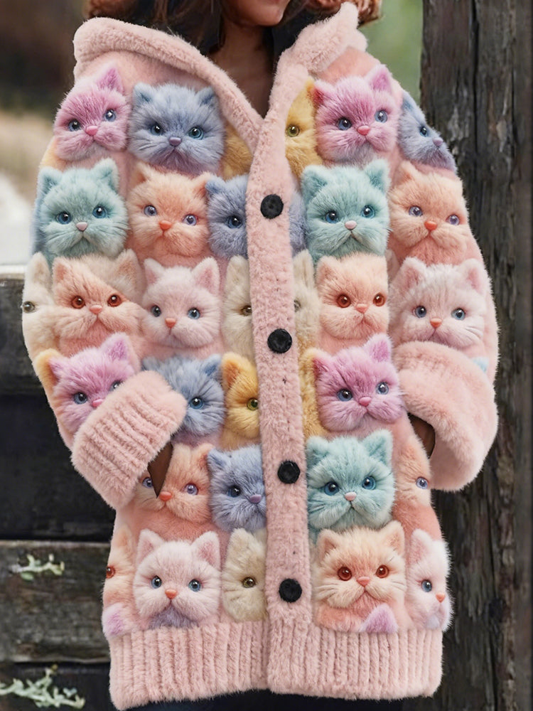 Cute Cozy Pastel Cats Art Cozy Knit Hooded Cardigan