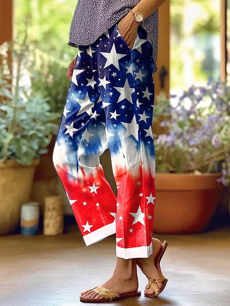 Comstylish Women's Independence Day Retro Gradient Star Design Printed Loose Pocket Patchwork Casual Pants