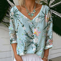 Floral Print V-neck Linen Blend Casual T-shirt elevenforest