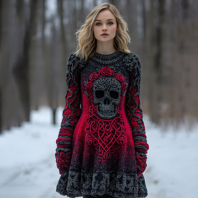 Comstylish Vintage Celtic Skull Gradient Cozy Knit Sweater Dress