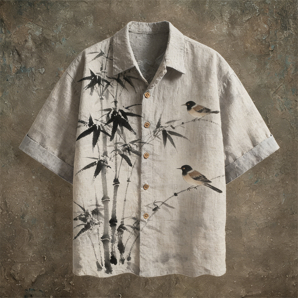 Japanese Ink Painting Art Linen Short Sleeve Shirt elevenforest