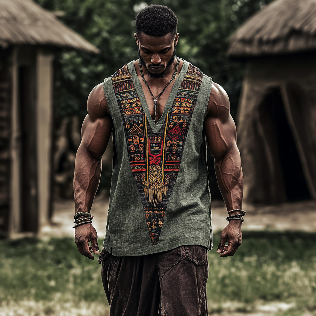 Men's African Juneteenth Ethnic Geometric Art Linen Tank Top elevenforest