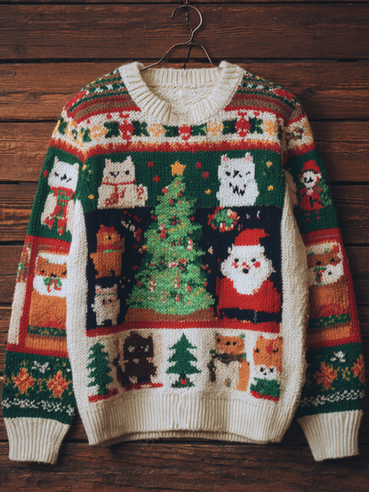 Christmas Fun Cat Lady Round Neck Knitted Sweater artswardrobe