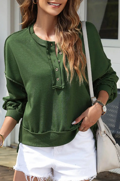 Green Drop Shoulder Henley Sweatshirt