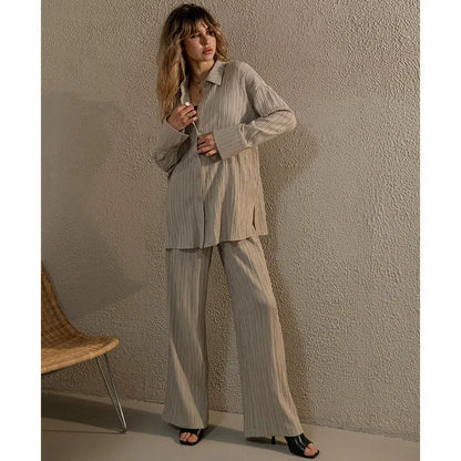 Autumn Winter Popular Pleated Shirt-style Wide-leg Pants Suit